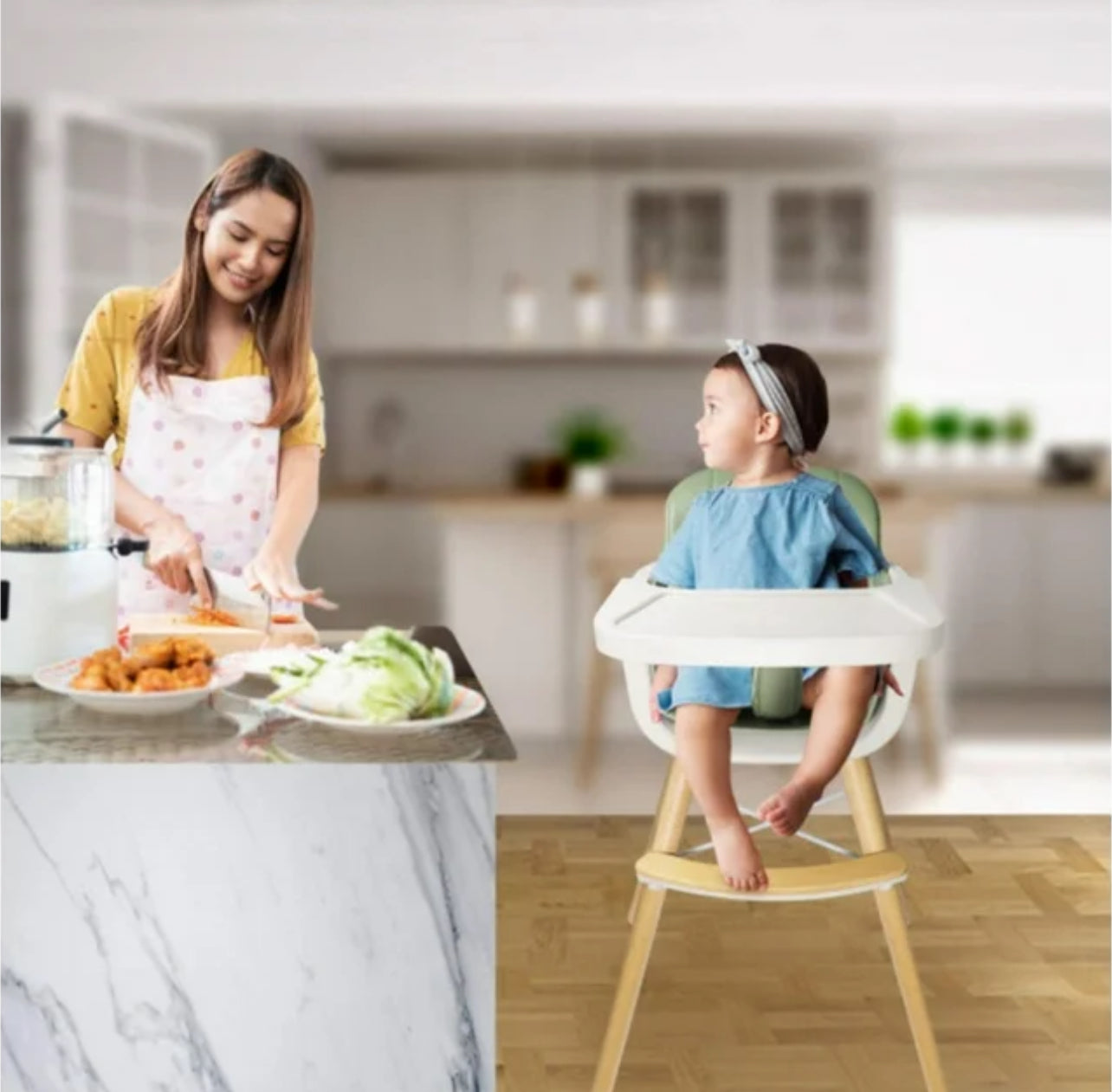 Wooden High Feeding Chair with Tray  - light grey