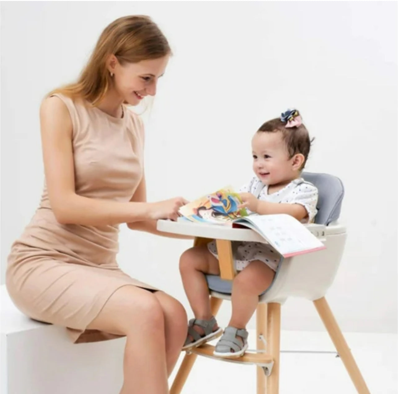 Wooden High Feeding Chair with Tray  - light grey